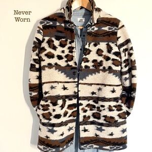 Vilagallo Cream, Brown & Gray Patterned Teddy Jacket